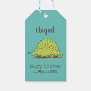 Cute green dimetrodon cartoon illustration gift tags