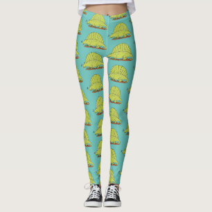 Cute green dimetrodon cartoon illustration leggings