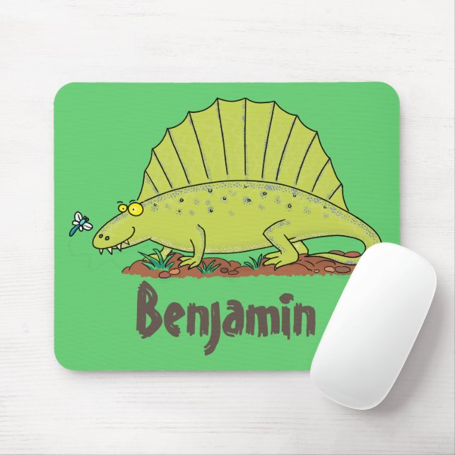 Cute green dimetrodon cartoon illustration mouse pad (With Mouse)