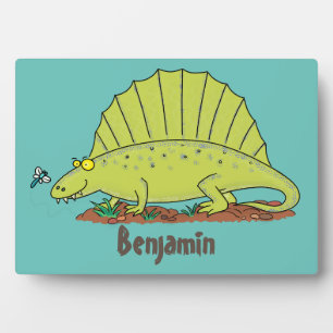 Cute green dimetrodon cartoon illustration plaque