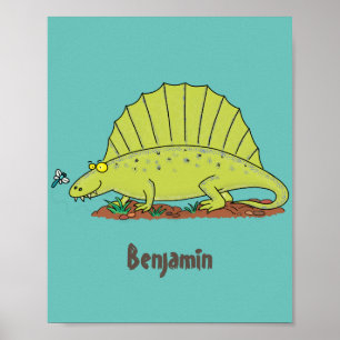 Cute green dimetrodon cartoon illustration poster
