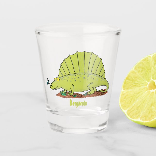 Cute green dimetrodon cartoon illustration  shot glass (Front)