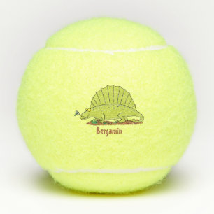 Cute green dimetrodon cartoon illustration tennis balls