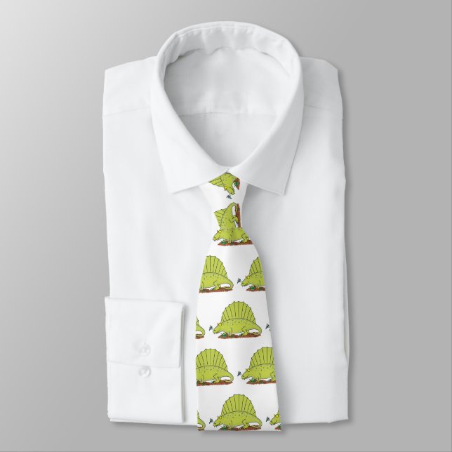Cute green dimetrodon cartoon illustration tie (Tied)