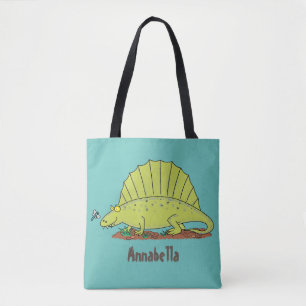 Cute green dimetrodon cartoon illustration tote bag