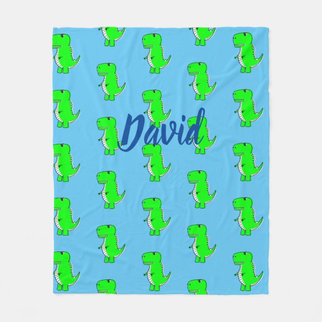 Cute Green Dino T-Rex On Blue Fleece Blanket (Front)