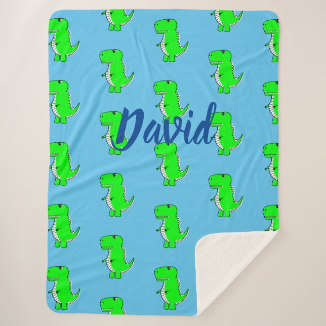 Cute Green Dino T-Rex On Blue Sherpa Blanket (Front)