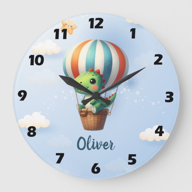Cute Green Dino Takes Flight in a Hot Air Balloon Large Clock (Front)