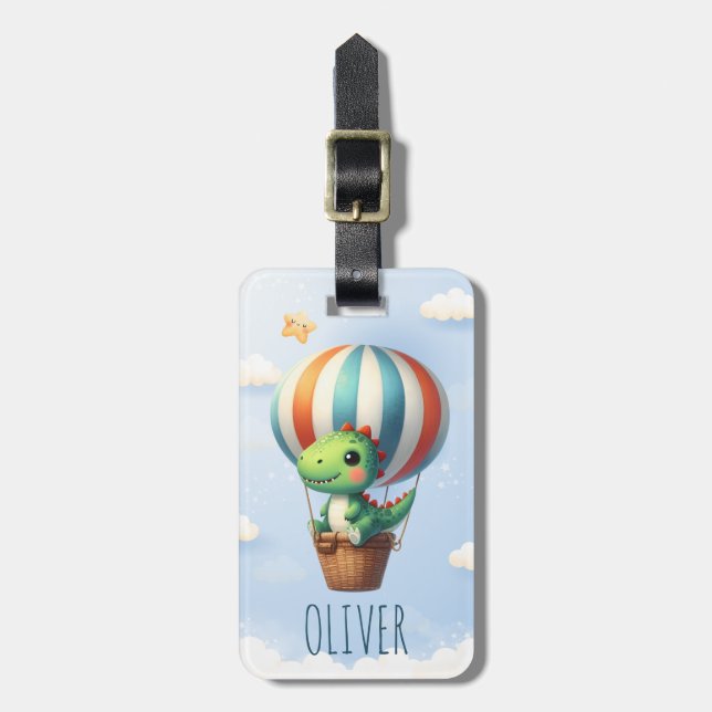 Cute Green Dino Takes Flight in a Hot Air Balloon Luggage Tag (Front Vertical)