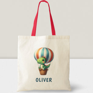 Cute Green Dino Takes Flight in a Hot Air Balloon Tote Bag