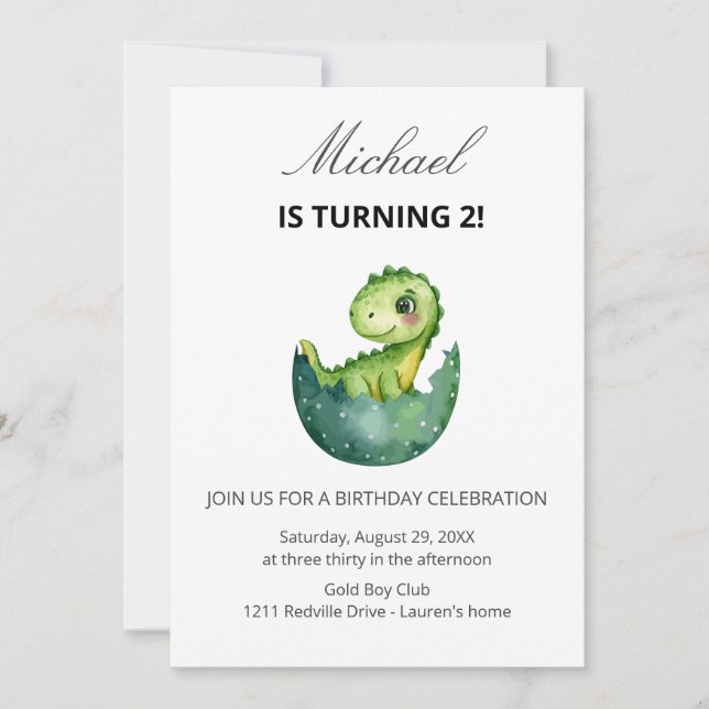 Cute Green Dinosaur 2nd Birthday Party  Invitation (Front)