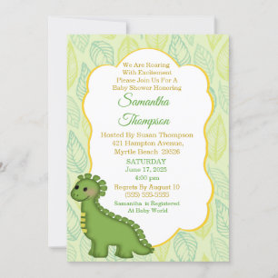 Cute Green Dinosaur Baby Shower Invitation