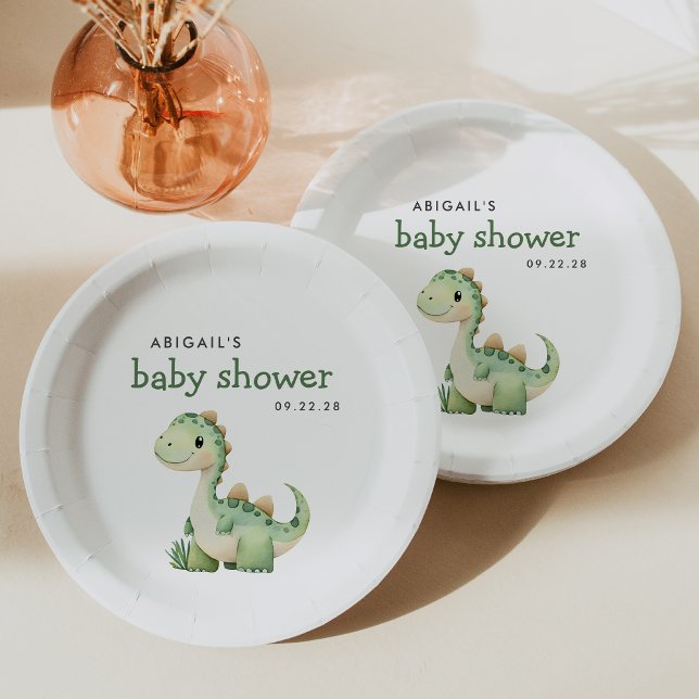 Cute Green Dinosaur Baby Shower Paper Plate (Creator Uploaded)