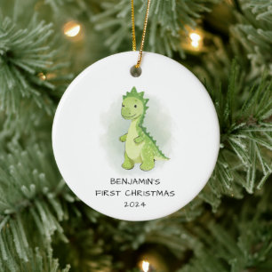 Cute Green Dinosaur Baby's First Christmas Ceramic Ornament