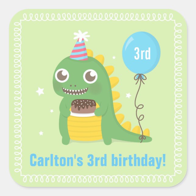 Cute Green Dinosaur Birthday Party Celebrations Square Sticker (Front)