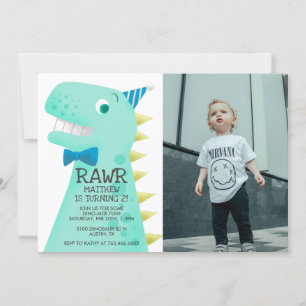 Cute Green Dinosaur Birthday Party Custom Photo Invitation