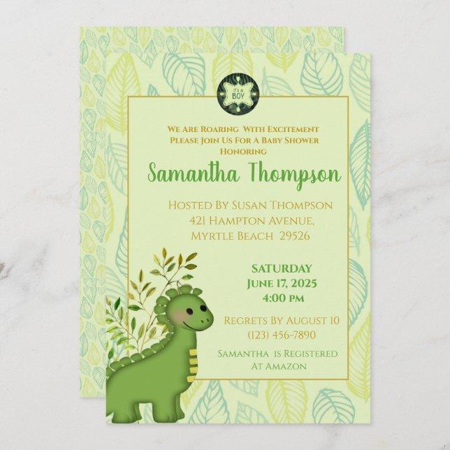Cute Green Dinosaur Boy Baby Shower Invitation (Front/Back)