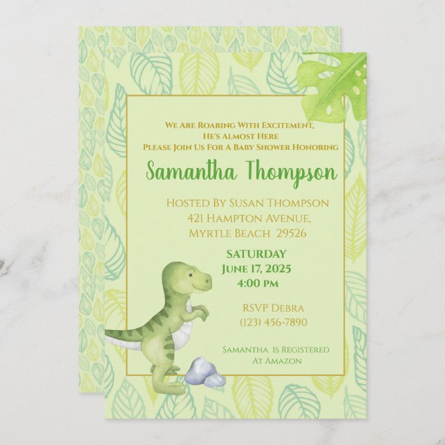 Cute Green Dinosaur Boy Baby Shower Invitation (Front/Back)