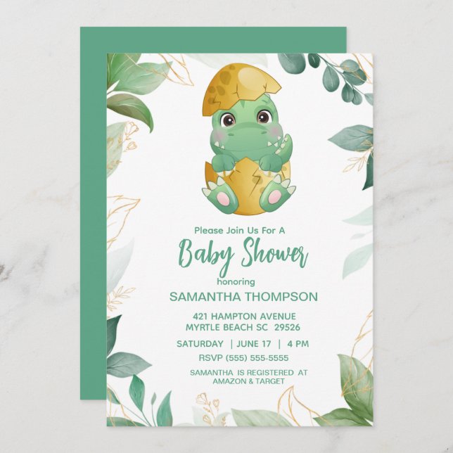 Cute Green Dinosaur Boys Baby Shower Invitation (Front/Back)