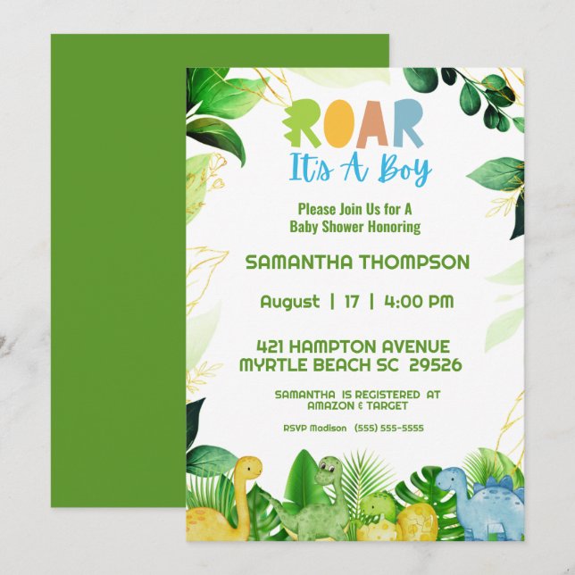 Cute Green Dinosaur Boys Baby Shower Invitation (Front/Back)