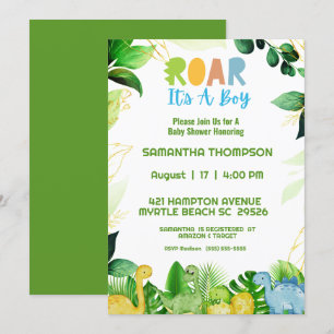 Cute Green Dinosaur Boys Baby Shower Invitation