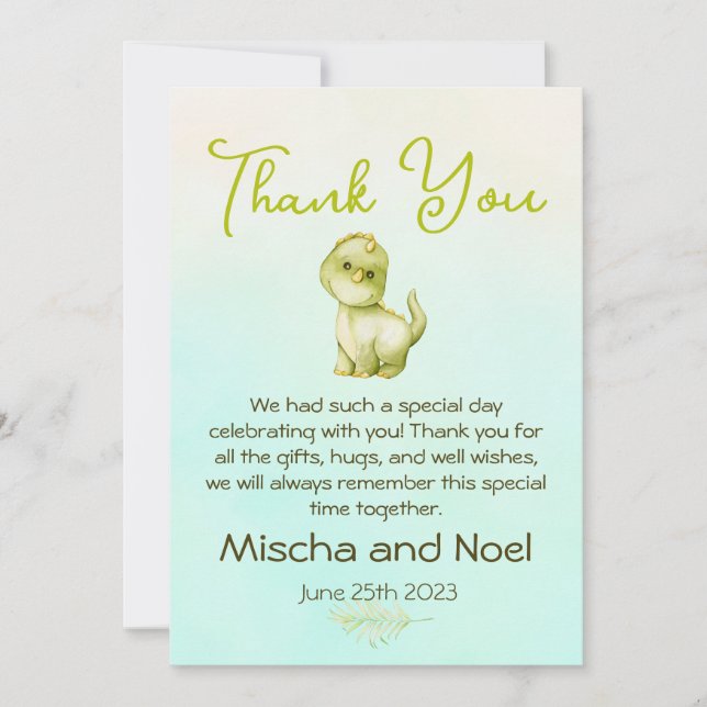 Cute Green Dinosaur Boys Baby Shower Thank You Card (Front)