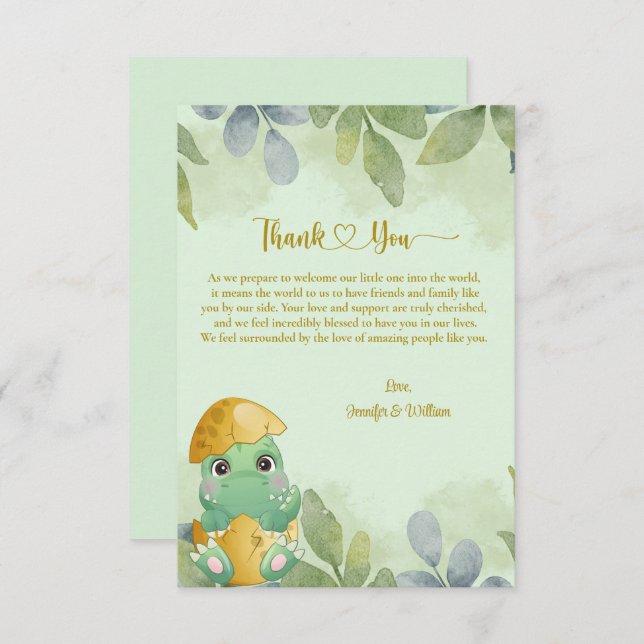 Cute Green Dinosaur Boys Baby Shower  Thank You Card (Front/Back)