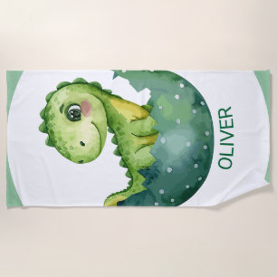 Cute Green Dinosaur Custom Watercolor Pastel Beach Towel