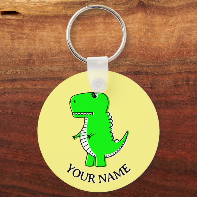 Cute Green Dinosaur Drawing Custom Text Key Ring (Back)