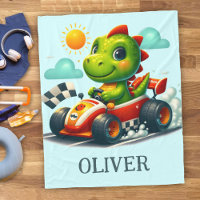 Cute Green Dinosaur in a Race Car