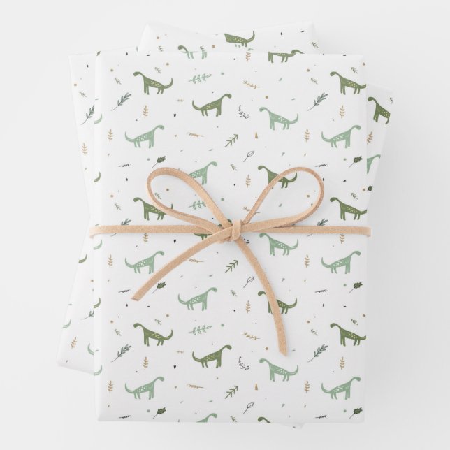 Cute Green Dinosaur Pattern Wrapping Paper Sheet (In situ)