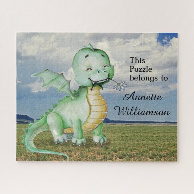 Cute Green Dinosaur personalise with Name Jigsaw Puzzle (Horizontal)