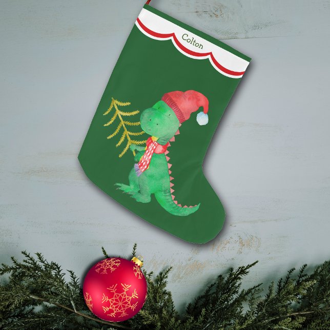 Cute Green Dinosaur Personalised Large Christmas Stocking (Creator Uploaded)