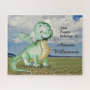 Cute Green Dinosaur personalize with Name Jigsaw Puzzle