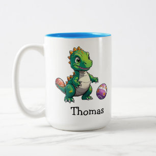 Cute green dinosaur with Easter eggs Two-Tone Coffee Mug