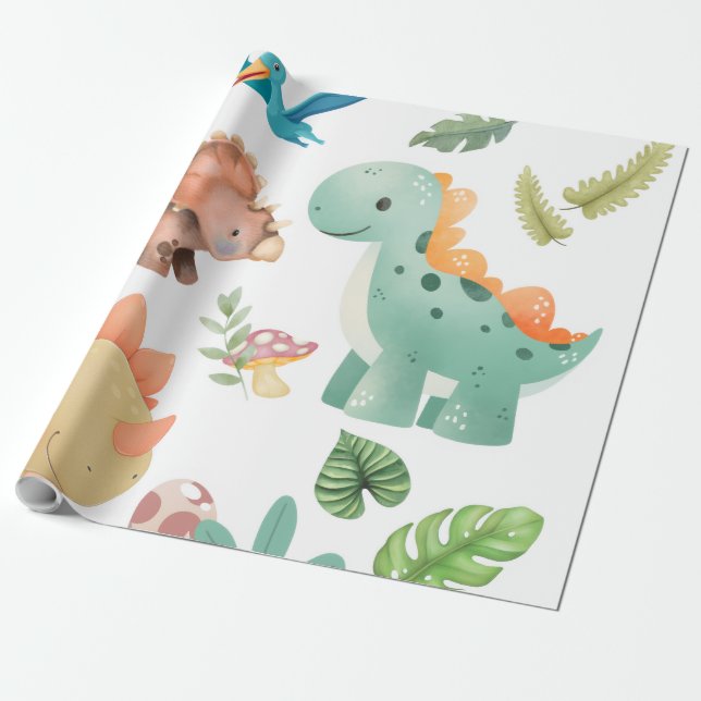 Cute green dinosaur wrapping paper (Unrolled)
