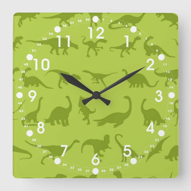 Cute Green Dinosaurs Patterns for Boys Square Wall Clock (Front)