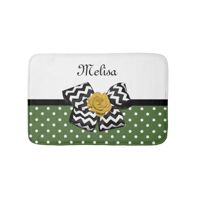 Cute Green Dots Yellow Rose Chevron Bow and Name Bath Mat (Front)