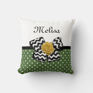 Cute Green Dots Yellow Rose Chevron Bow and Name Cushion