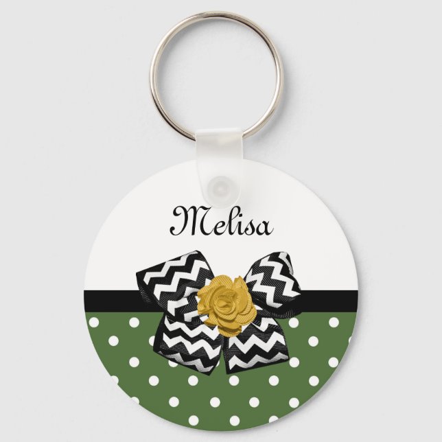 Cute Green Dots Yellow Rose Chevron Bow and Name Key Ring (Front)
