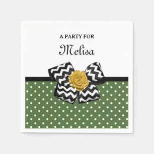 Cute Green Dots Yellow Rose Chevron Bow and Name Napkin