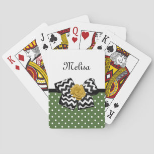 Cute Green Dots Yellow Rose Chevron Bow and Name Playing Cards