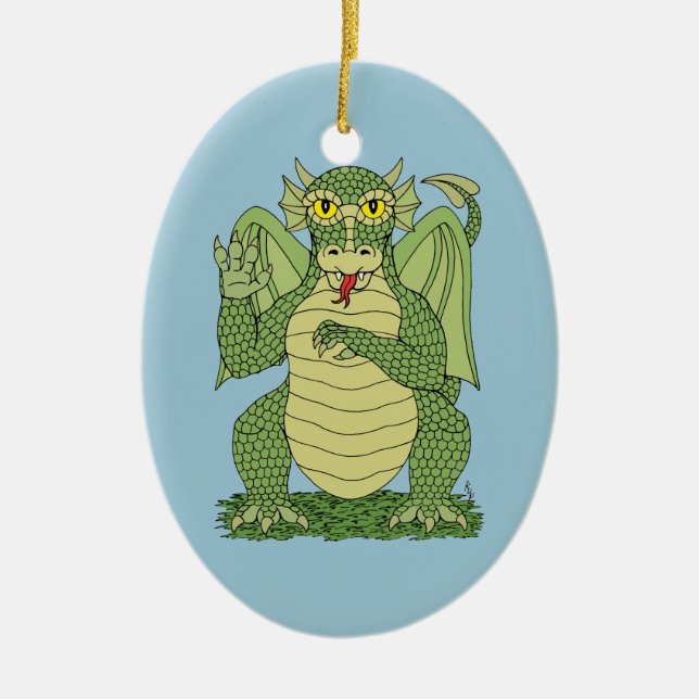 Cute Green Dragon Ceramic Ornament (Front)