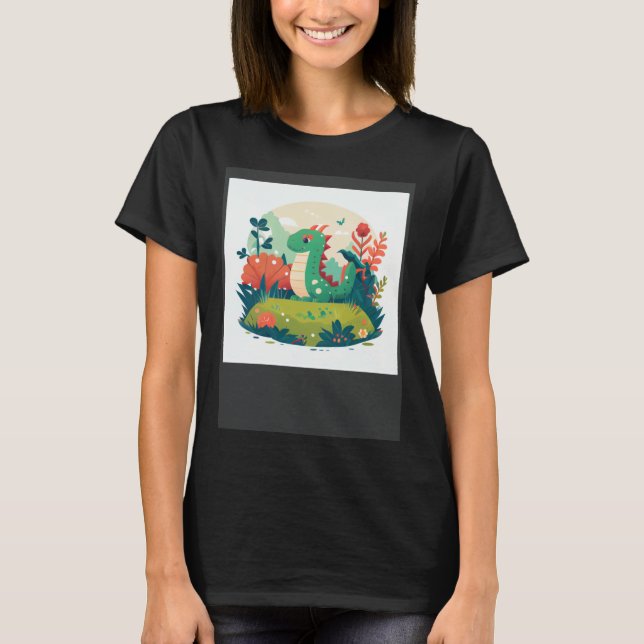 Cute Green Dragon in a garden forest T-Shirt (Front)