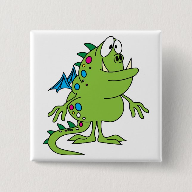 cute green dragon monster creature 15 cm square badge (Front)