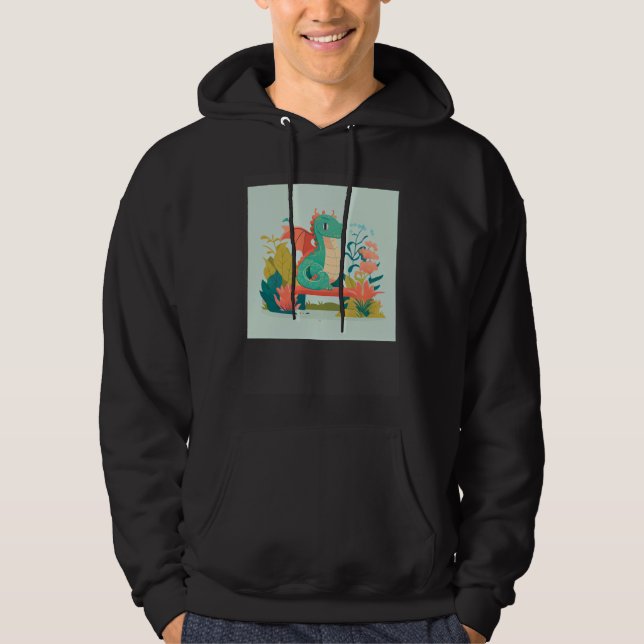 Cute Green Dragon sitting on bench in a garden for Hoodie (Front)