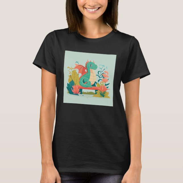 Cute Green Dragon sitting on bench in a garden for T-Shirt (Front)