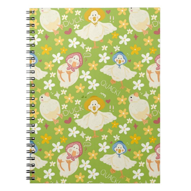 Cute Green Duck & Daisy Flower Seamless Pattern Notebook (Front)