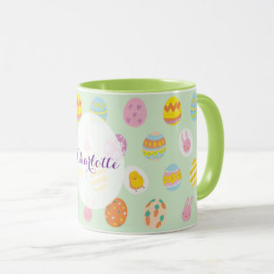 Cute Green Easter Egg Pattern Personalised Name Mug