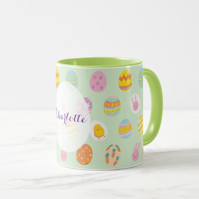Cute Green Easter Egg Pattern Personalised Name Mug (Front Right)